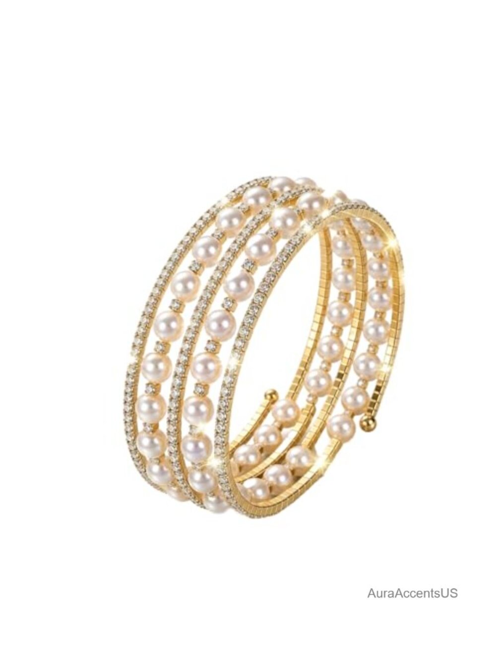 Gold Plated Rhinestone Pearl Cuff Bracelet Stretch Bangle for Women Bridal Party